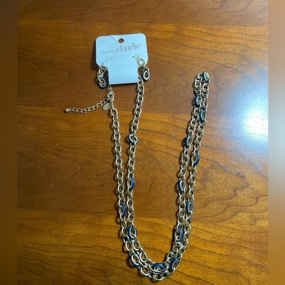 Charming‎ Charlie Gold Tone Blue Necklace with Matching Earrings NWT - Picture 1 of 5
